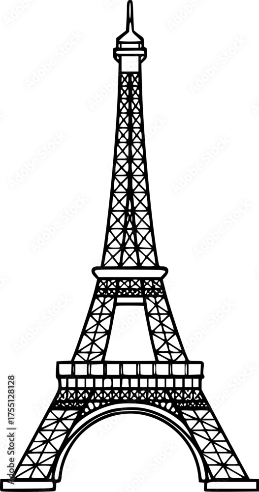 Fototapeta premium Detailed Iconic Eiffel Tower Landmark Black and White Outline Line Art Drawing Paris France Isolated Object 