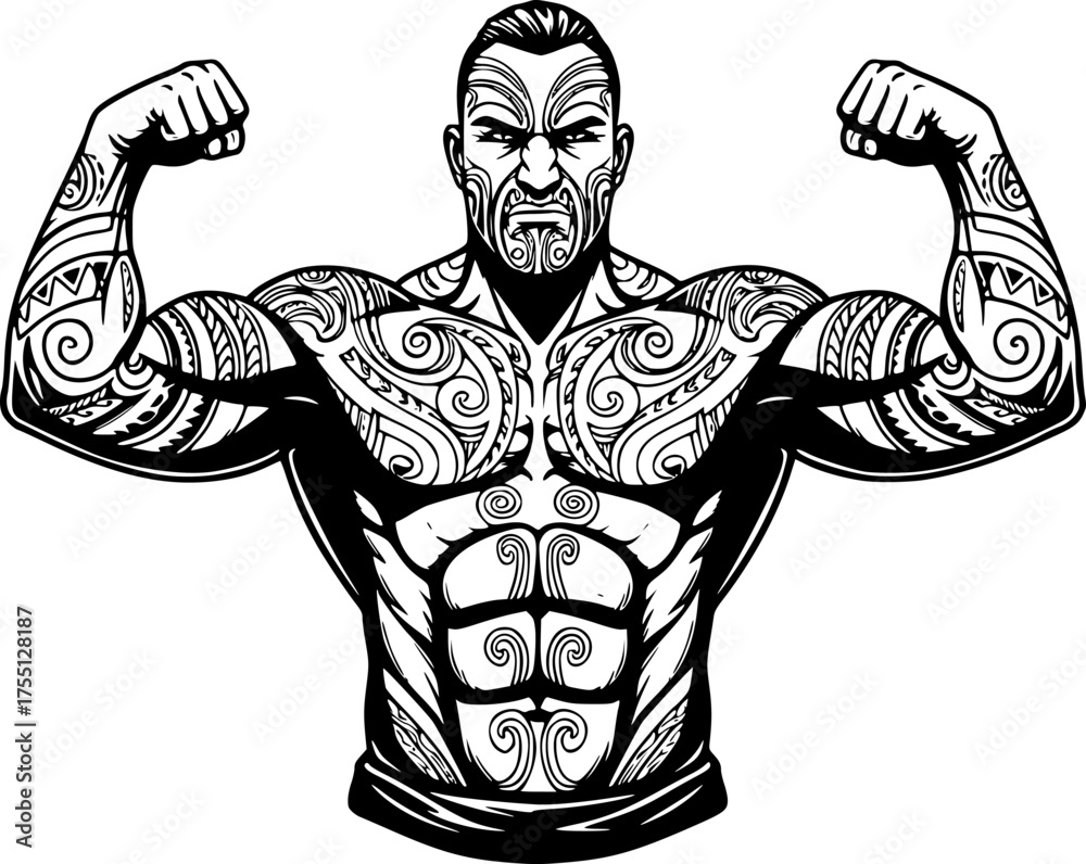 Fototapeta premium Muscular Maori Tribe Man with Traditional Tattoos Proud Strong in Black and White Outline Line Art Drawing 