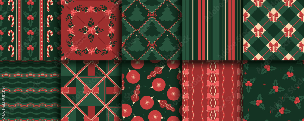 Fototapeta premium Seamless Christmas, New Year pattern. Holiday design. Scallop waves, stripes, bows, trees, baubles, greenery. Endless repeat Christmas background, wallpaper. Retro, vintage style. Seamless wallpaper.