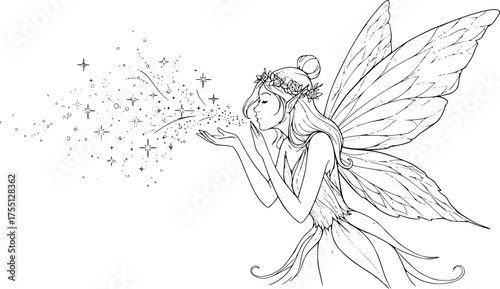 White Fairy Blowing Sparklings from Hand Detailed Black and White Outline Line Art Drawing Illustration

