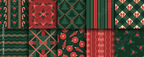 Seamless Christmas, New Year pattern. Holiday design. Scallop waves, stripes, bows, trees, baubles, greenery. Endless repeat Christmas background, wallpaper. Retro, vintage style. Seamless wallpaper. © olechkaart