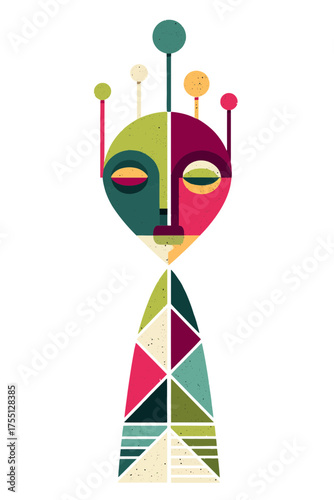 Abstract alien shaman mask vector Futuristic tribal artifact geometric patterns and cosmic orbs For scifi themes of xenoculture planetary rituals and ancient aliens
