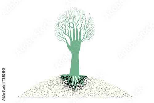 Vector of cybernetic hand cultivating a digital tree of life Abstract fusion of nature and tech Scifi concept for digital ecosystems AI creation and synthetic biology