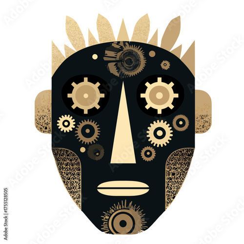 Afrofuturist shaman mask vector Abstract fusion of ancient tribal design steampunk technology Scifi artifact for themes of technopaganism and sacred robotics