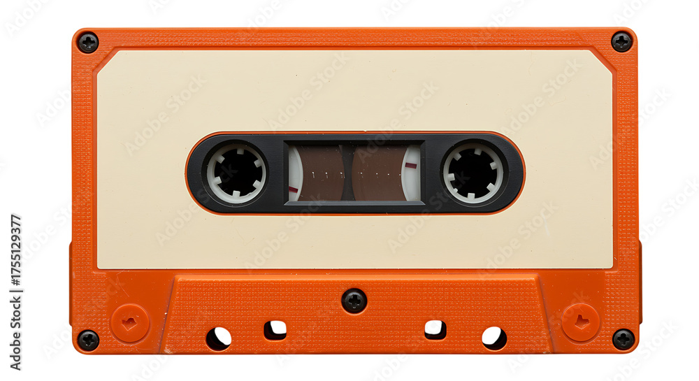 Obraz premium Orange audio cassette tape with a cream colored label and black spool details, isolated on transparent background