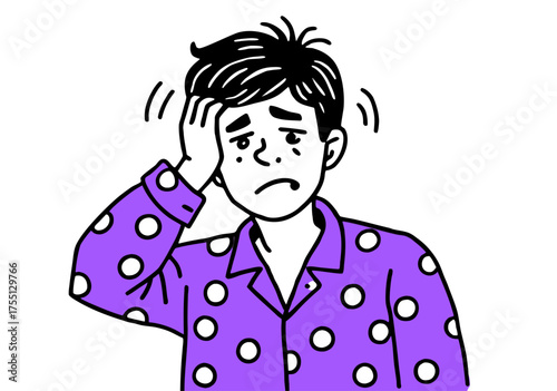 Worried Man in Polka Dot Pajamas Experiencing Insomnia