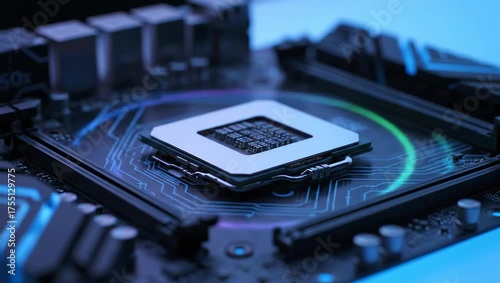 Close up of a computer processor with vibrant glowing elements