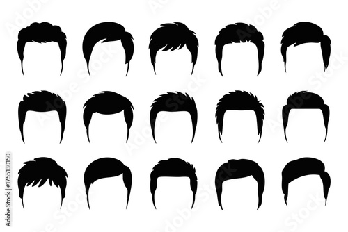 Diverse men's hair styles arrayed as unique silhouettes, a variety of fashionable coiffures displayed.