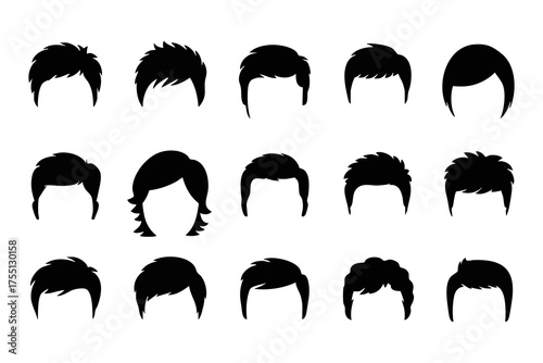Diverse men's hair styles arrayed as unique silhouettes, a variety of fashionable coiffures displayed.