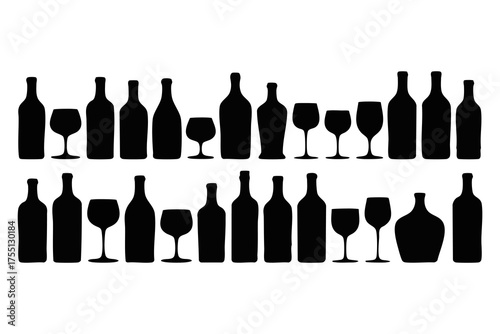 Wine bottle and glass silhouettes arranged in two rows create a dynamic composition.