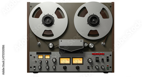 Professional reeltoreel audio tape recorder machine with vu meters and controls, isolated on transparent background