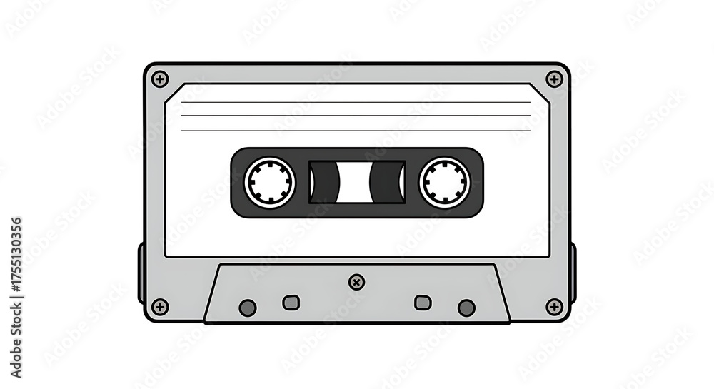 Obraz premium A simple illustration or vector graphic of a gray audio cassette tape with a white label and black spools, isolated on a transparent background, symbolizing music