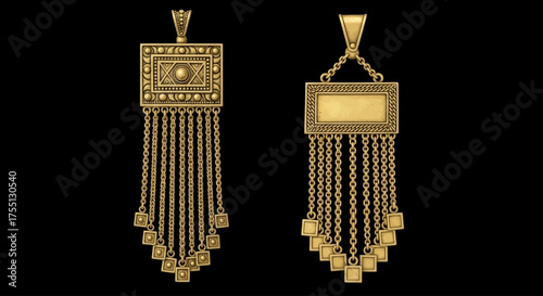 Elegant golden pendants with intricate chain details, perfect for jewelry design inspiration or ancient treasure concepts, showcasing vintage luxury style