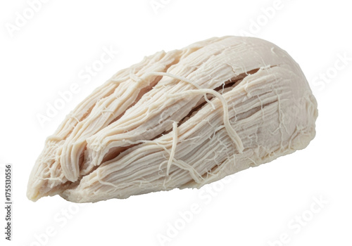 Roughly shredded pale boiled chicken breast, dry fibrous texture, transparent background, soft studio light, close-up still life, concept of fundamental sustenance