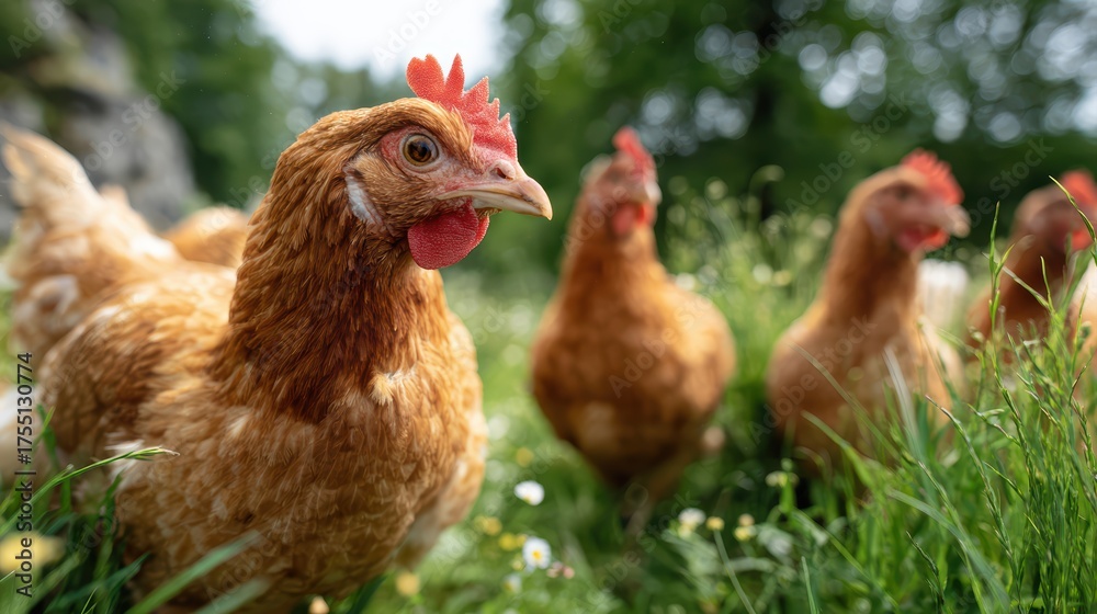 Fototapeta premium FreeRange Chickens Grazing on a Lush Grass Meadow, Ideal for Lifestyle and NatureFocused Projects Inspires Tranquility and Simplicity.