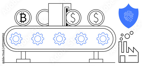 Conveyor belt producing cryptocurrency coins with blockchain security shield, cogwheels, and factory icon. Ideal for fintech, blockchain, security, industry, automation, economy and innovation