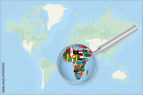 Magnifying Glass Over Africa Map with Flags. World map highlighting Africa, decorated with vibrant national flags, symbolizing cultural diversity and global exploration.
