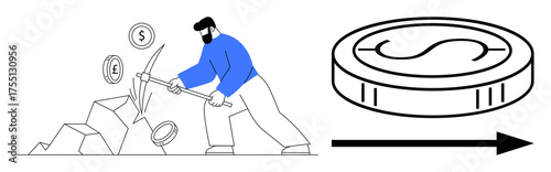 Man striking rocks with a pickaxe as coins emerge, alongside an arrow and coin. Ideal for cryptocurrency, blockchain, fintech, investment, mining, digital economy savings. Simple flat metaphor