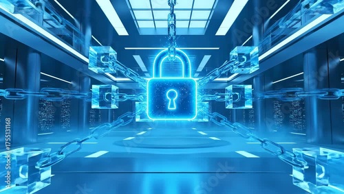 Digital security concept illuminated lock amidst futuristic tech
