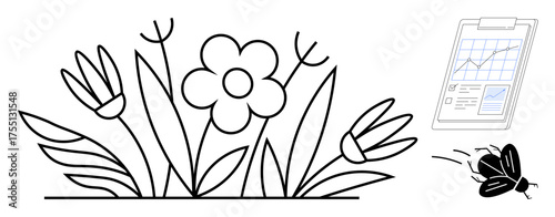 Flowers blooming amidst leaves, clipboard with analytics chart, and flying beetle represent growth, nature, sustainability, data-driven approaches, ecology, innovation, harmony simple flat metaphor