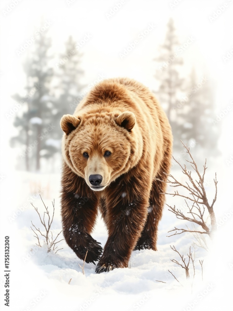 Obraz premium Majestic Grizzly Bear Walking in Snowy Winter ForestDescription: A powerful and realistic illustration of a large Brown Bear, likely a Grizzly or Kodiak Bear, walking directly toward the viewer thro