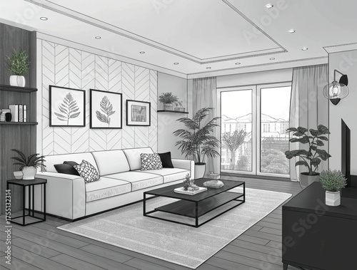 Modern living room interior with contemporary furniture design, including a comfortable sofa and fireplace, offering a luxury home decor style