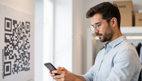 Man using smartphone to scan QR code on wall in modern office  