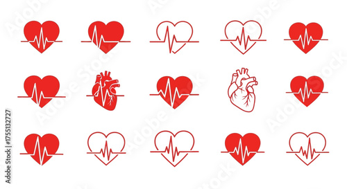 Collection of Heartbeat Pulse Cardiogram Medical Icons for Health and Cardiology Representation
