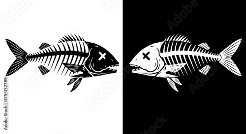 Two Artistic Skeletons of Fish Facing Each Other Depicting Duality and Contrast in a Stark Black and White Design
