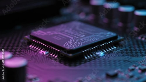 Electronic circuit board with cpu close up illuminated by blue and purple light