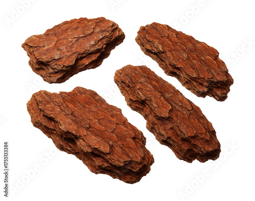 Thick, flaky, reddish-brown plates of pine tree bark.