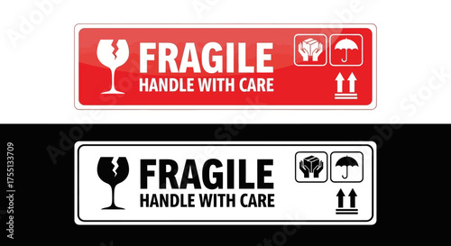 Fragile Handle With Care Shipping Warning Labels For Boxes And Packages With Icons For Glass And Upside Down Protection
