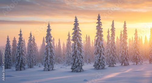 Fototapeta Naklejka Na Ścianę i Meble -  Snow-covered pine forest under golden sunrise light, capturing the peaceful beauty of winter nature