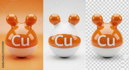 Bright Copper Element Atom Model with Two Lobes and a Central Sphere Representing Chemical Structure and Atomic Composition