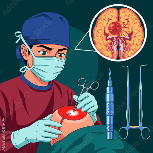 Dedicated surgeon performing delicate brain surgery with precision, brain aneurysm, surgical tools, medical illustration, professional healthcare, life saving
