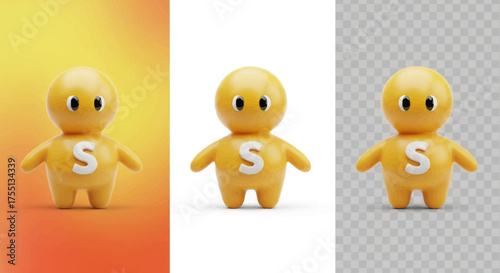 Charming Yellow Character with Letter S on Chest Displayed Against Various Backgrounds for Versatile Design Applications