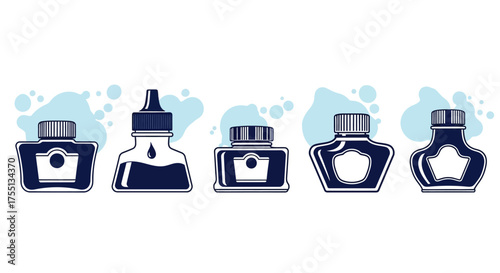 Collection of Elegant Ink Bottles with Classic Designs Featuring Dark Blue Liquids and Subtle Water Splashes Evoking Artistic Expression