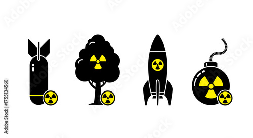 Symbols of Nuclear Radiation Danger and Destruction Including Bombs Rockets and Trees Illustrating Environmental Threats