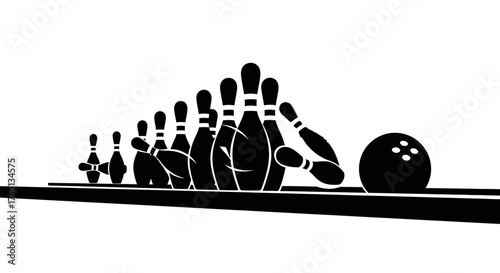 Black and White Silhouette of Bowling Pins and Ball on a Lane Ready for a Game of Ten Pin Bowling