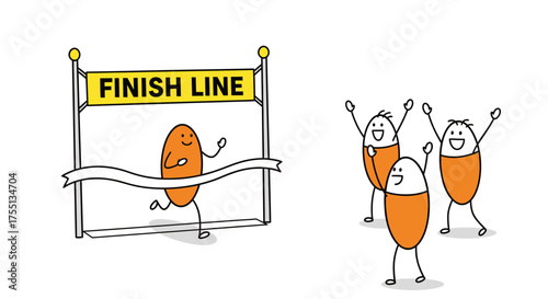 Excited cartoon characters celebrating crossing the finish line after a race with joyous expressions and raised arms signifying victory and achievement in a competition