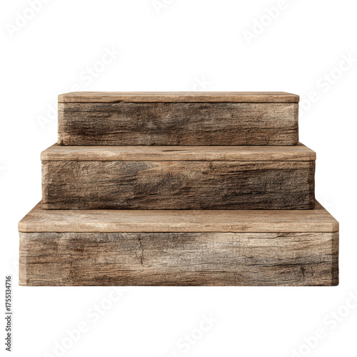 A rustic three step wooden podium with a rough textured surface isolated against a plain  isolated on transparent background, perfect cutout, PNG