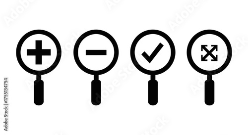 Collection of Icons Representing Magnification Zoom In Zoom Out Checkmark and Expand Functions Symbolizing Search Analysis and Verification Processes for User Interface Design and Digital Applications