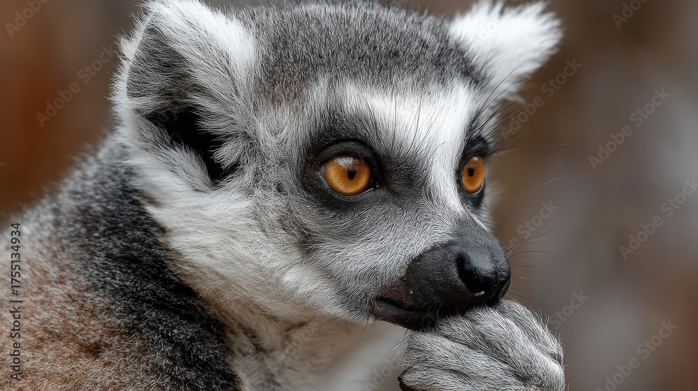 Fototapeta premium Closeup of a Pensive Lemur with a Striking Big Eye, Captivating Expression and Interactive Body Language Ideal for Lifestyle and Wildlife Campaigns, Inspiring Creativity and Emotional.