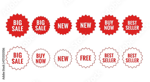 Collection of Red Starburst Badges and Labels Featuring Special Offers and Promotions for Retail and Marketing Campaigns