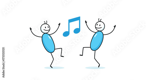 Two stick figures dancing joyfully to the rhythm of a blue musical note floating between them on a white background