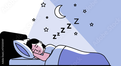 A peaceful person sleeping soundly under a starry night sky with a crescent moon above them indicating nighttime rest