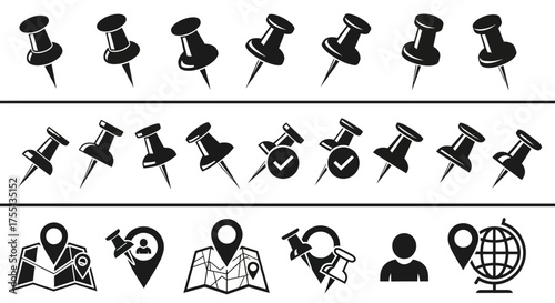 Set of Icons Representing Map Pointers Location Markers and Push Pins for Navigation and Pinning Activities