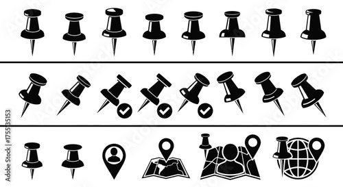 Collection of various office supplies and location markers for planning and navigation purposes