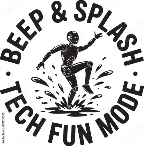 Black robot splashing in water with text beep tech fun mode vector