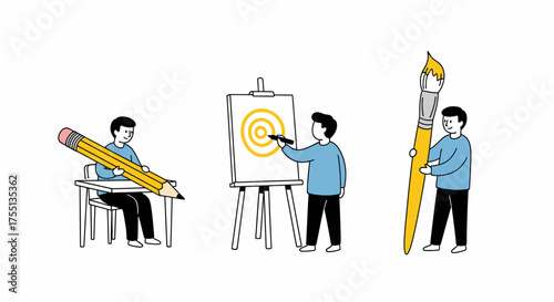 Creative artists engaged in different forms of artistic expression and skill development through drawing painting and writing practice